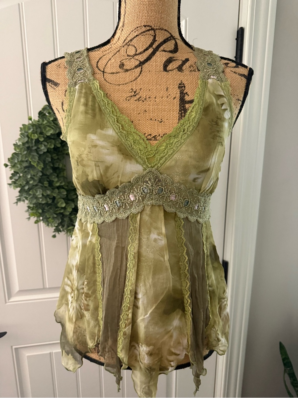 Olive Green Lace-Trim Satin Camisole